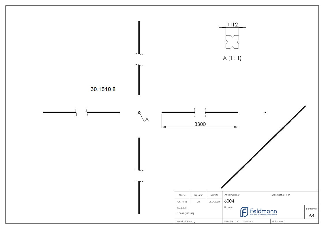 Vierkant - Material- 12x12 mm - Laenge- 3300 mm - Stahl -Roh- S235JR-30-1510.8