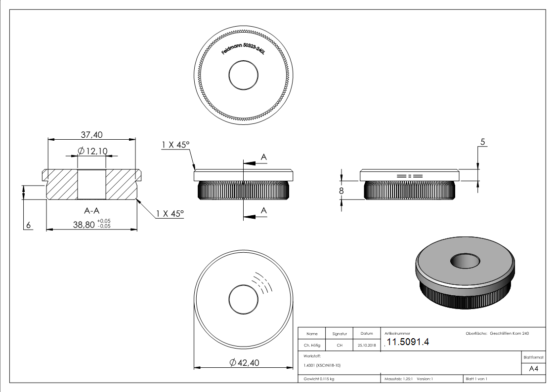 Rohrstopfen fuer Ø 42-4x2-0 mm flach zum Einschlagen mit Bohrung 12-1 mm V2A-11-5091.4