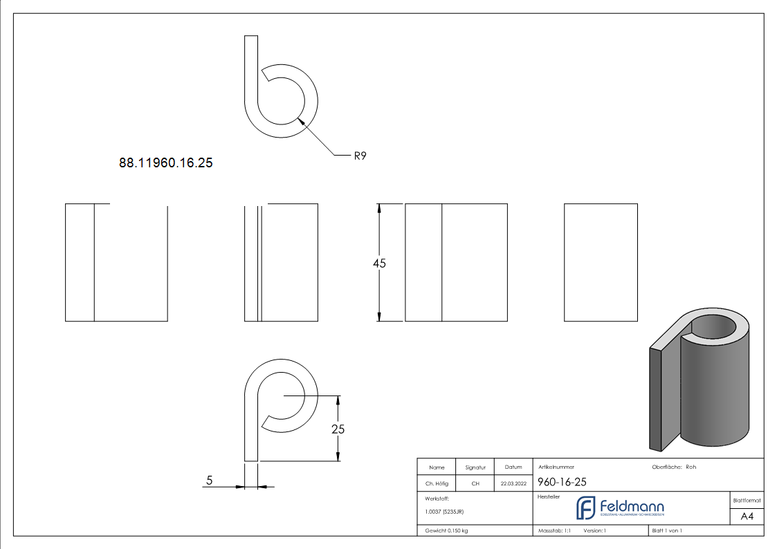 Anschweissband fuer Torband zum Durchschrauben Ø 16mm- Laenge 25mm-88-11960-16.25