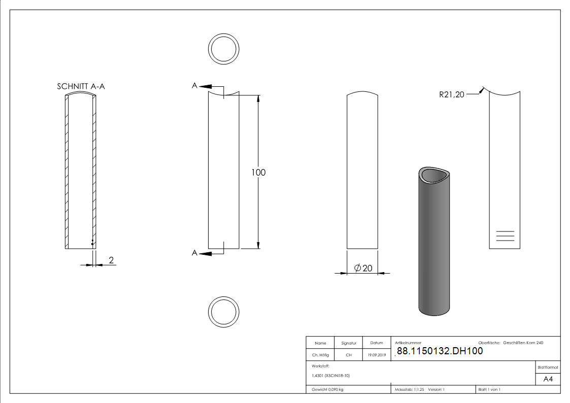 Distanzhuelse Edelstahl V2A L = 100 mm fuer Rohr Ø 42-4 mm einseitig ausgefraest-88-1150132.DH100