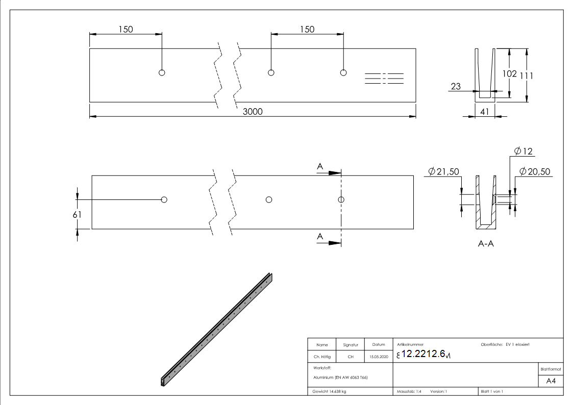 Alu-Profil - KOMPAKT - Laenge- 3000 mm - seitliche Montage - Aluminium-12-2212.6