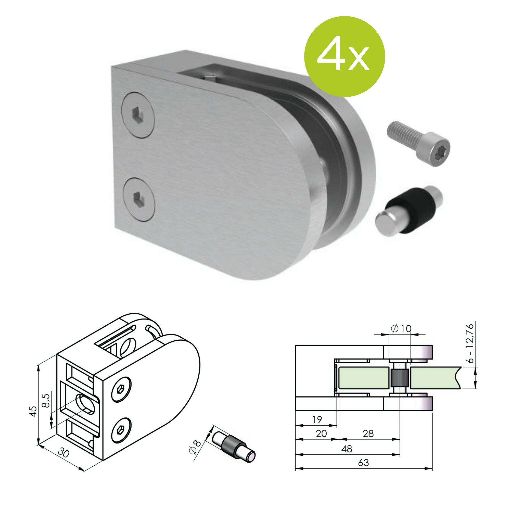 Glashalter V4A fuer Glas 6 - 12-76 mm Flachanschluss Modell 25 4er Set-89-11A142500000SET4-A.4
