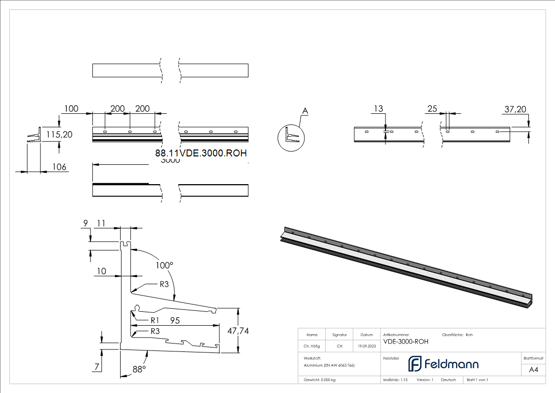 Vordachprofil eleganza canopy- L=3000mm- roh-88-11VDE-3000.ROH