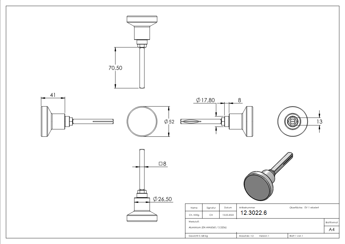 Alu-Tuerknopf drehbar Ø 60 mm-12-3022.6