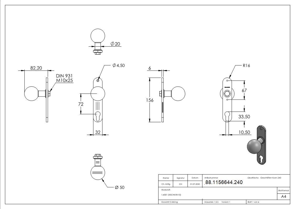Tuerknopf Edelstahl V2A Ø 50 mm mit Langschild feststehend geschliffen Korn 240-88-1156644.240