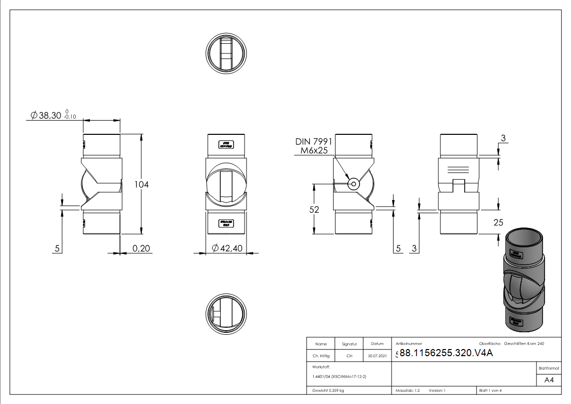 Gelenkstueck hohl fuer Kabeldurchfuehrung- Passend fuer Rohr 42-4 x 2-0mm-88-1156255-320.V4A