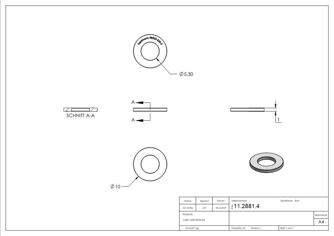 Beilagscheibe - fuer Gewinde M5 - DIN 125-1- A2 - V2A-11-2881.4