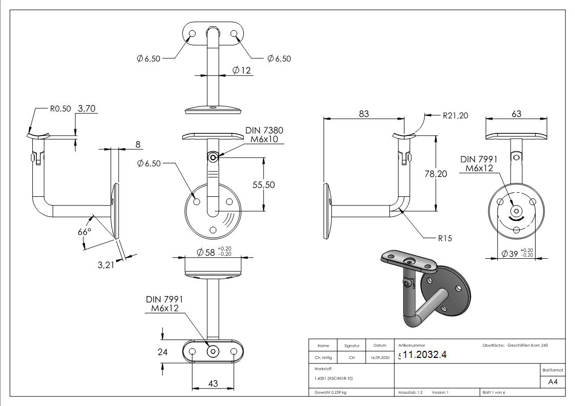 Handlaufhalter mit Gelenk und Halteplatte fuer Ø 42-4 mm V2A-11-2032.4