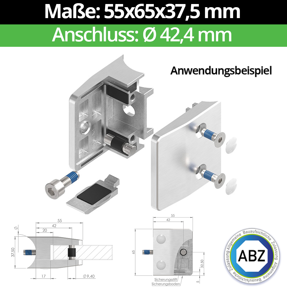 Glasklemme AbZ 55x65x37-5 mm  Ø 42-4 mm- fuer 12-00 mm ESG Glas- Sicherungsstift -Bohrung 12 mm- Ja - mit Sicherungsboden-10-MODELL35-42-13-3.2