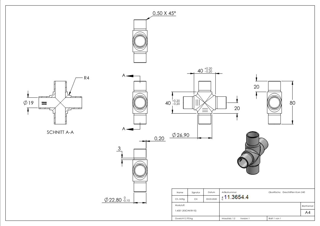 Kreuzstueck V2A fuer Rohr 26-9x2-0 mm zum Stecken-11-3654.4