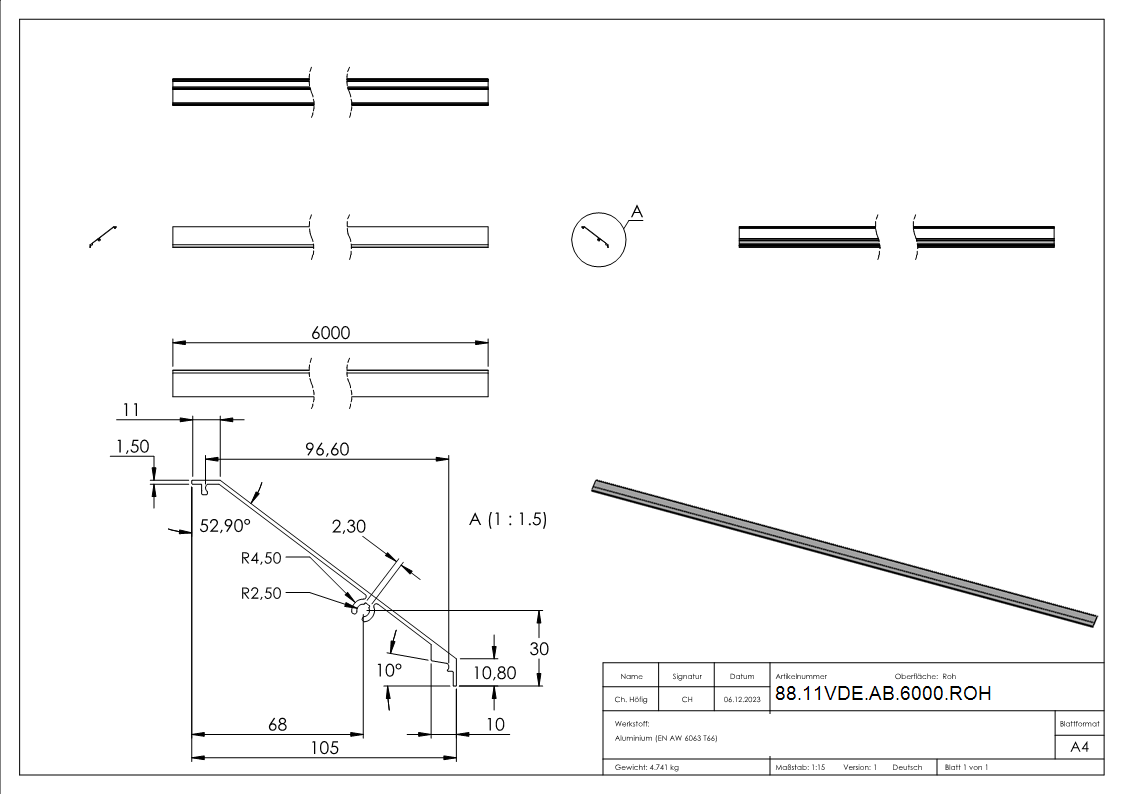 Design-Abdeckung fuer eleganza canopy- L=6000mm- Aluminium roh-88-11VDE-AB-6000.ROH