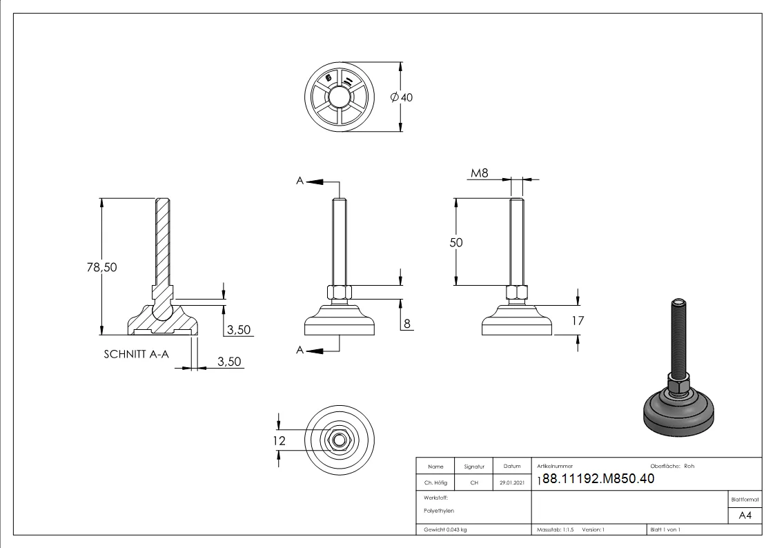 Schwerlast-Maschinenfuss M8 x 50-88-11192-M850.40