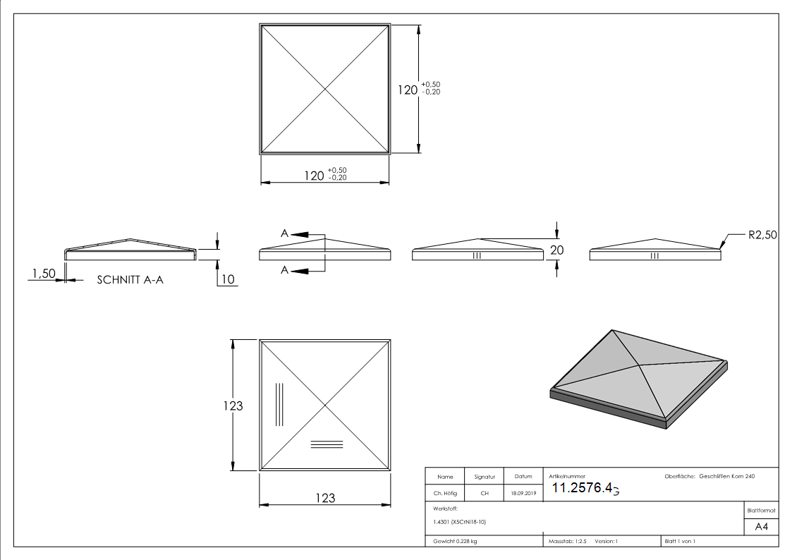 Pfostenkappe Edelstahl fuer Vierkantrohr- 120x120 mm geschliffen V2A-11-2576.4