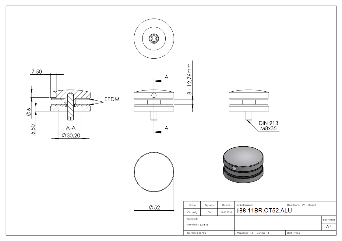 BRENK-fix® Ober- und Unterteil Ø 52mm zu Glas-Halter- ALU-88-11BR-OT52.ALU