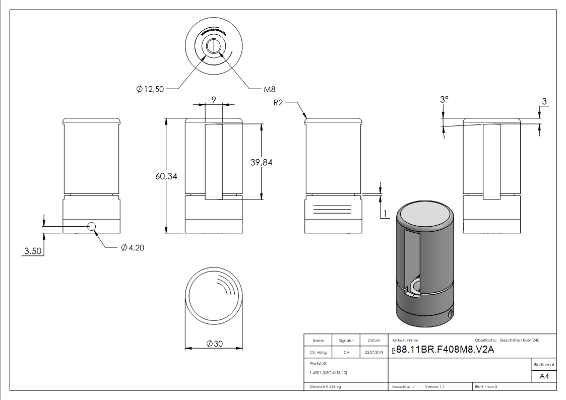 BRENK-fix® Grundhalter fuer Flachstaebe 40 x 8mm- V2A-88-11BR-F408M8.V2A