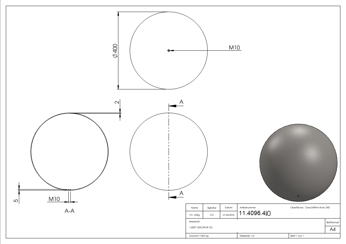 Hohlkugel V2A Ø 400 mm mit Gewinde M10-11-4096.4