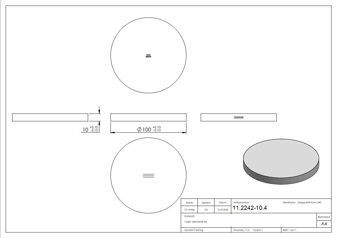 Ronde - Masse- Ø 100x10 mm - mit Laengsschliff - V2A-11-2242-10.4