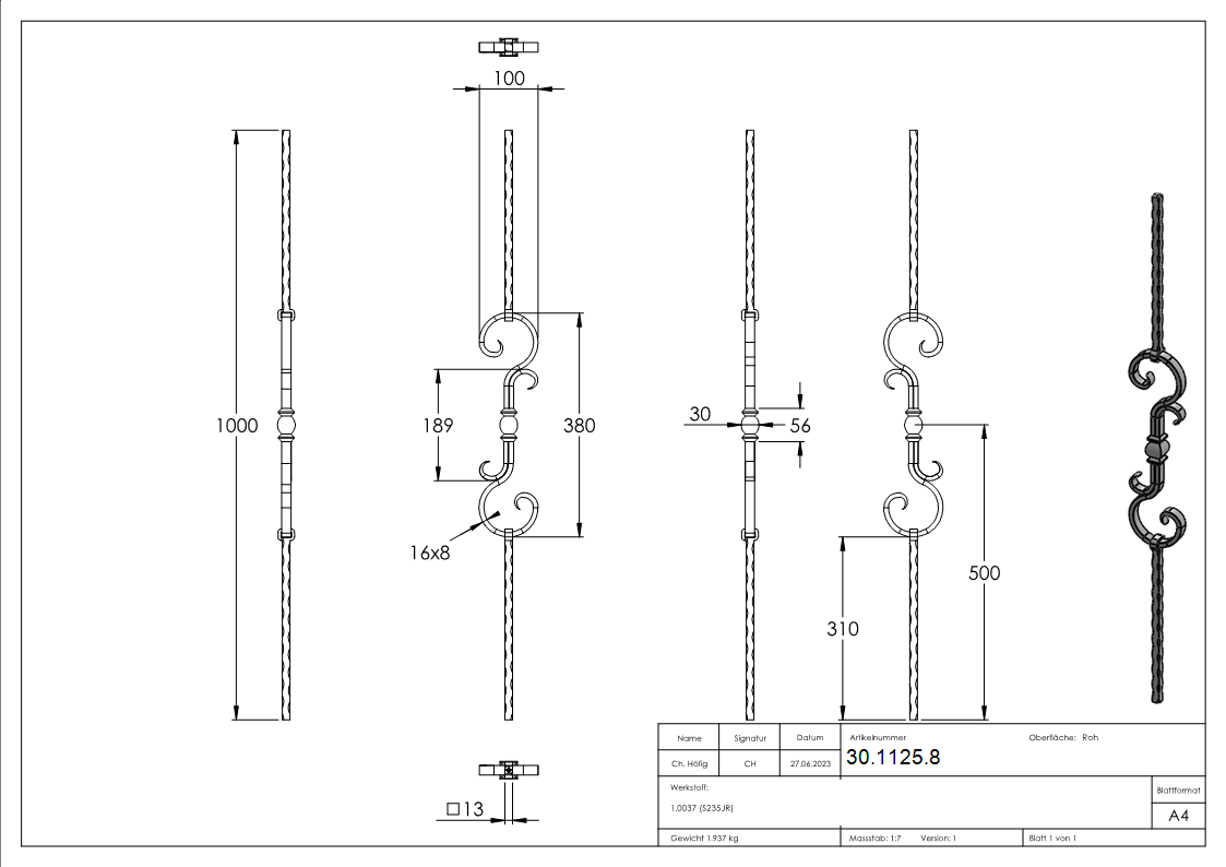 Zierstab - Laenge- 900 mm - Material- 13x13 mm gehaemmert - Stahl S235JR- roh-30-1125.8