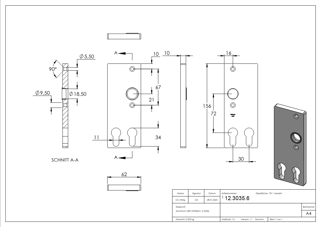 Alu-Kurzschild - Masse- 61x156x6-5 mm - Form- vierkant - Aluminium EV1 - AMF Artikel- 16295-12-3035.6