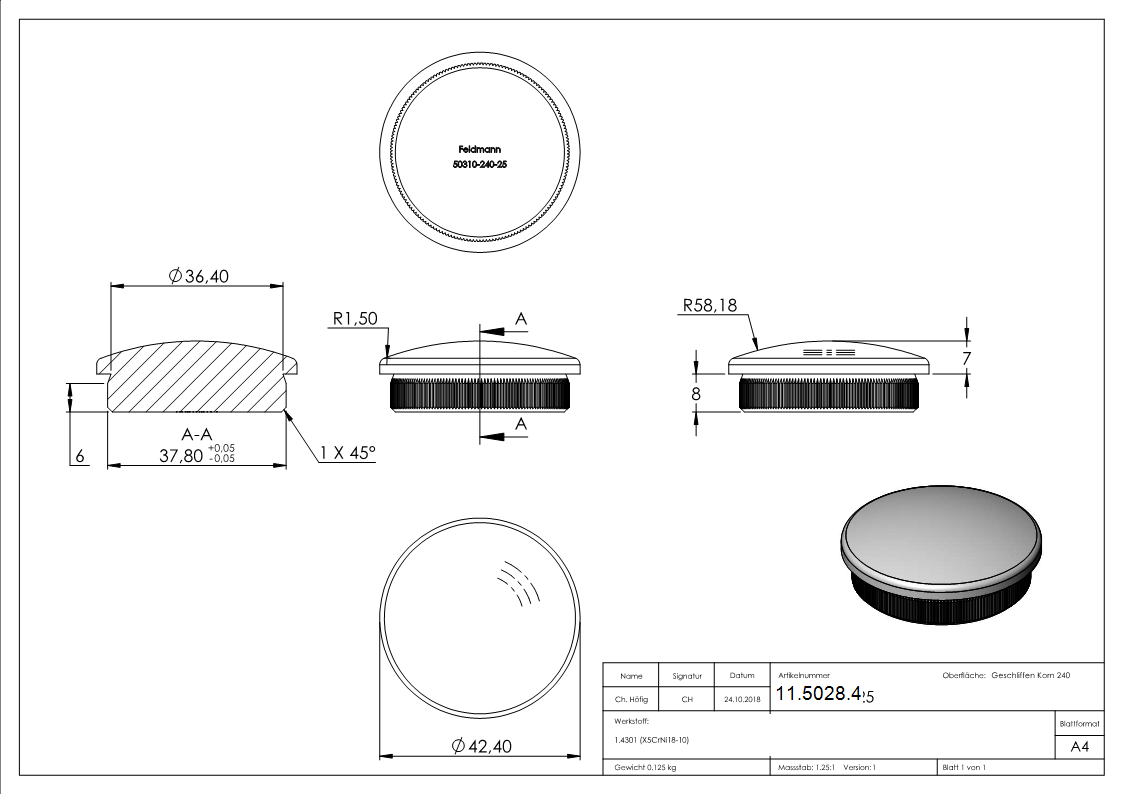 Rohrstopfen fuer Ø 42-4x2-5 mm leicht gewoelbt zum Einschlagen V2A-11-5028.4