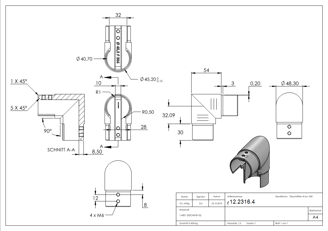 Rahmenecke 90° - vertikal - fuer Nutrohr Ø 48-3 mm - V2A-12-2316.4