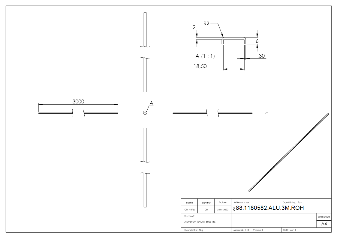 Kantenschutz EXTRA SLIM- fuer Glas 16-00 - 17-52mm- L=3m- Aluminium roh-88-1180582-ALU-3M.ROH