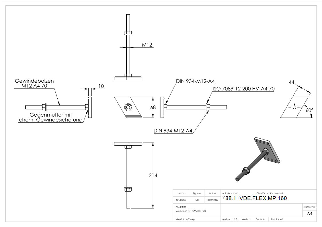 Montageplatte Edelstahl L=214 mm fuer Daemmblock 160 mm-88-11VDE-FLEX-MP.160
