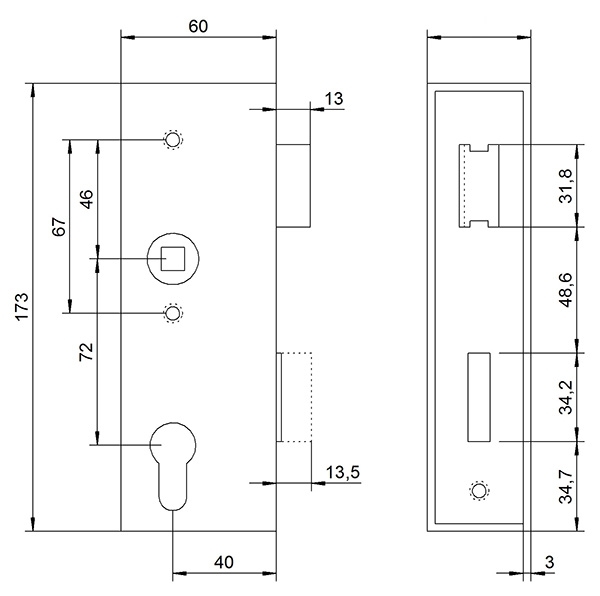 Schlosskasten verzinkt 30x60x172 mm Edelstahl Stulp Riegel Falle-30-3200.8