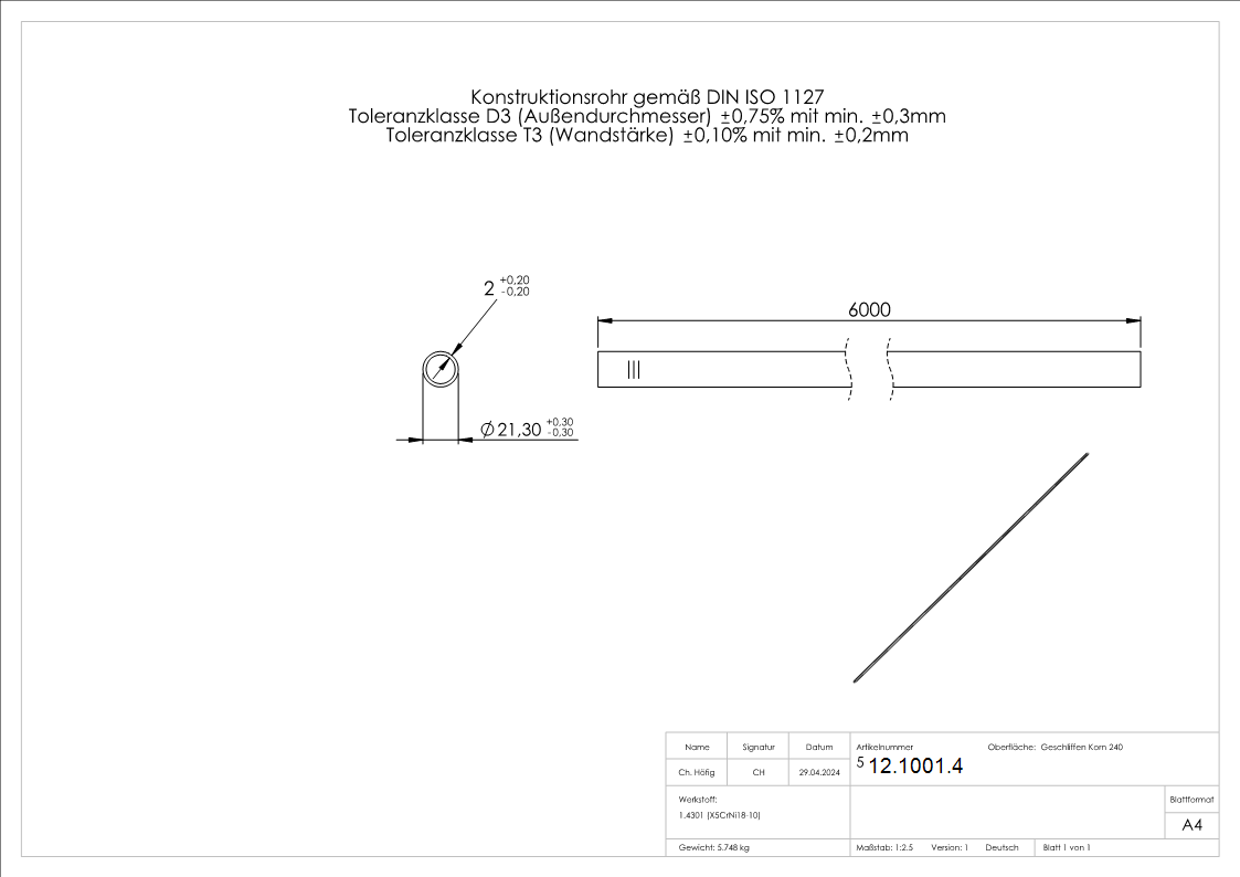 Rundrohr Ø 21-3x2-0 mm á 6 m V2A Edelstahl-12-1001.4