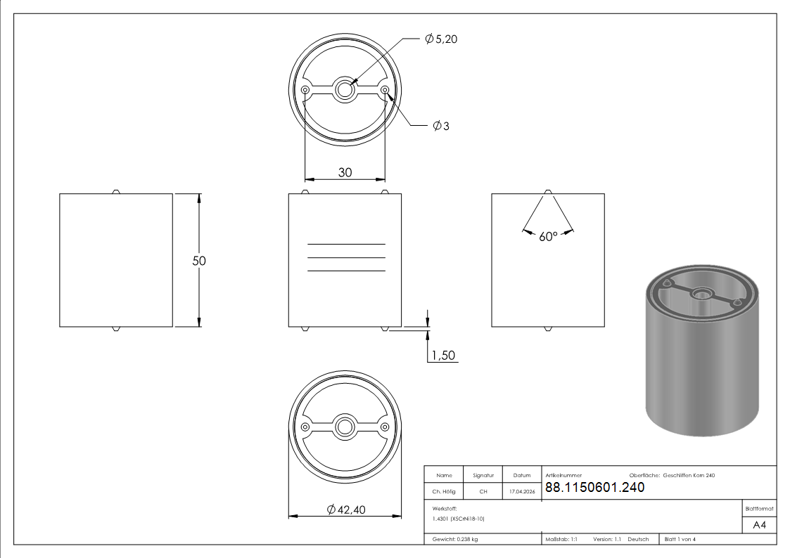 Verbinder fuer 42mm Holzhandlauf- V2A-88-1150601.240