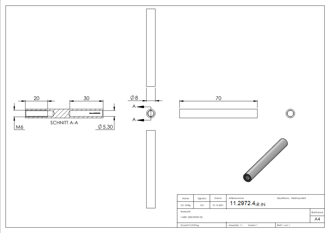Gewindeterminal mit Innengewinde - Rechtsgewinde - Fuer Seil von Ø 5 mm -V2A-11-2972.4