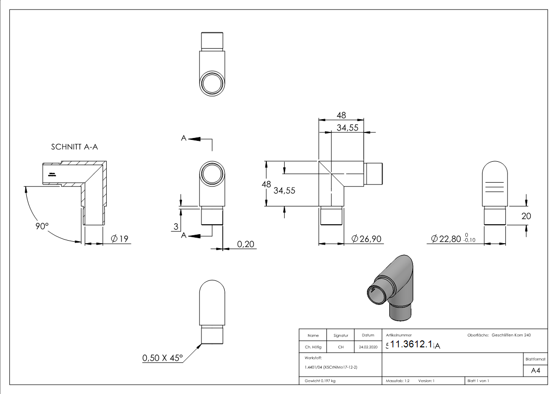 Eckbogen 90°- fuer Rundrohr Ø 26-9x2-0 mm V4A-11-3612.1