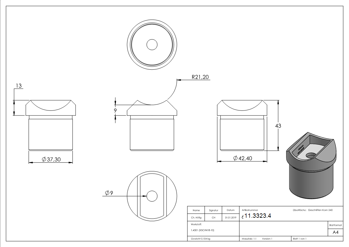 Rohrsattel zum Kleben fuer Rundrohr Ø 42-4x2-6 mm V2A-11-3323.4