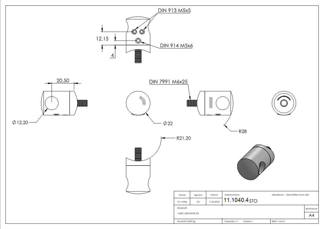 Querstabhalter V2A Edelstahl – Anschluss 42-4 mm fuer Rundstaebe 12 mm zum Verbinden -Stoss- inkl- Schrauben-11-1040.4