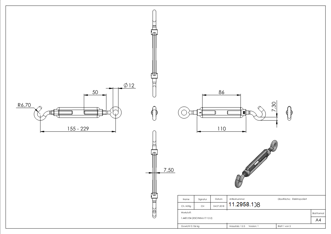 Spannschloss - M8 - Oese-Haken - mit Links-Rechtsgewinde - V4A-11-2958.1