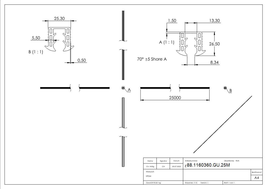 Keildichtung EPDM fuer Glas 8-00–10-76 mm Nut 24x24 mm L = 25 m-88-1160360-GU.25M
