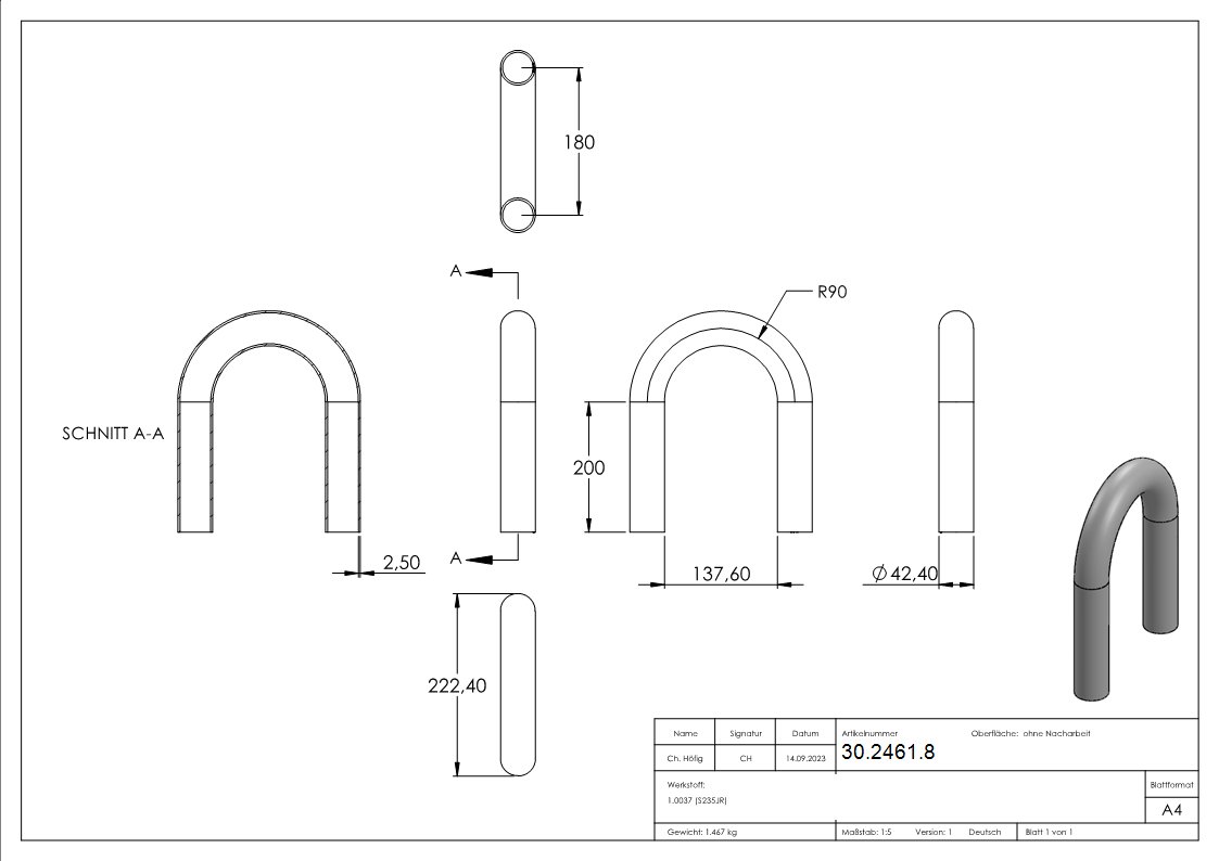 Rohrbogen 180° Stahl roh Radius-Mitte 90mm - 42-4 x 2-5 mm -1 ¼- - S235JR-30-2461.8