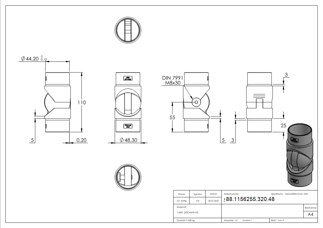 Gelenkstueck hohl fuer Kabeldurchfuehrung- Passend fuer Rohr 42-4 x 2-0mm-88-1156255-320.48