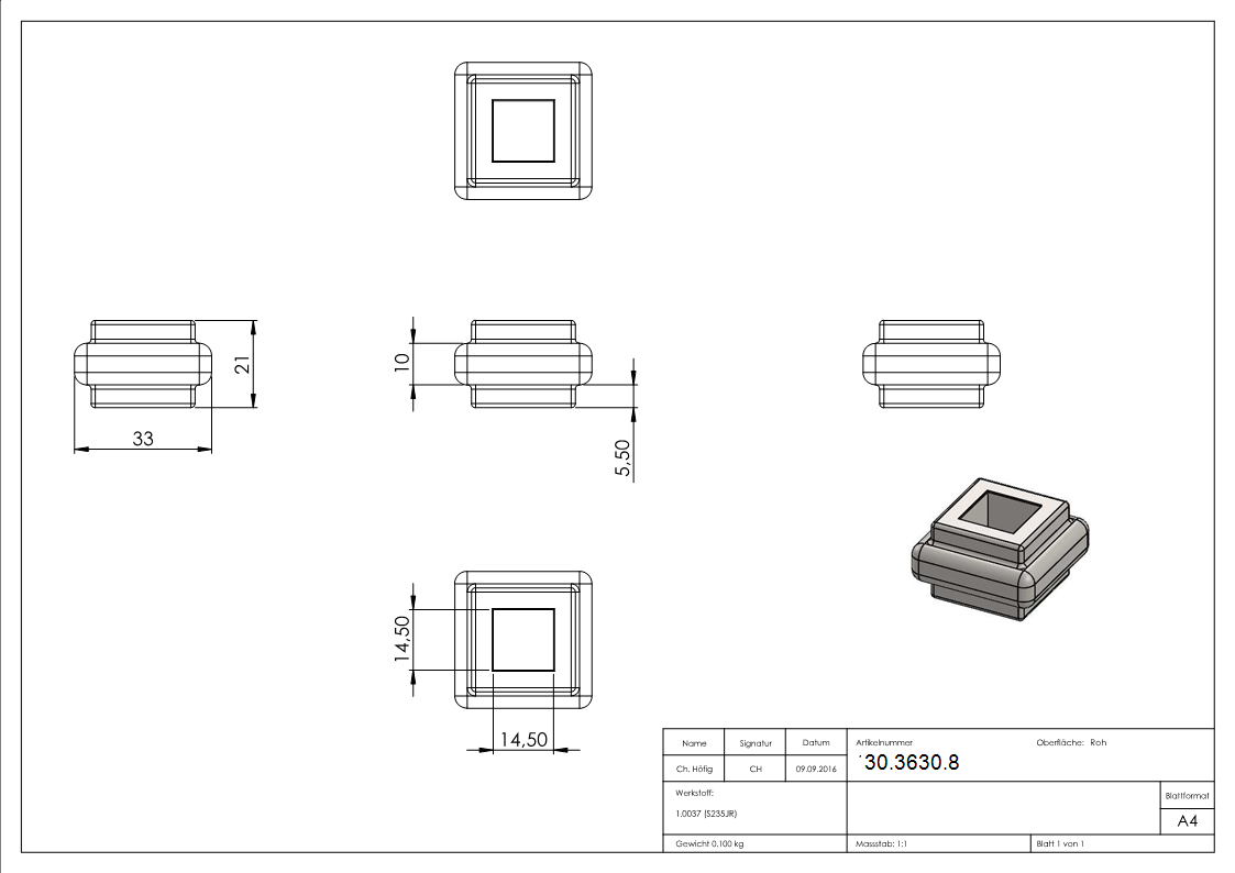 Zierhuelse - Masse- 38x22 mm - Lochung- 14-5x14-5 mm - Stahl S235JR- roh-30-3630.8