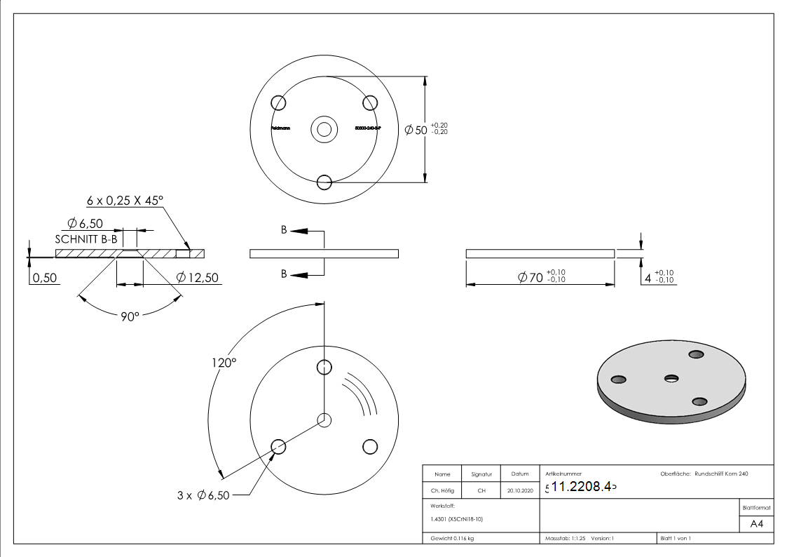 Ankerplatte Ø 70 x 4 mm mit Zentrierbohrung- Ø 6-5 mm V2A-11-2208.4