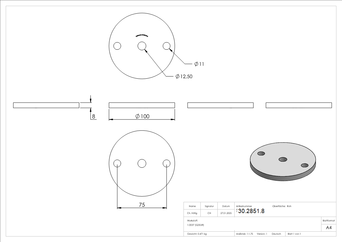 Ankerplatte 100x8 mm 3 Bohrungen -  Stahl roh-30-2851.8