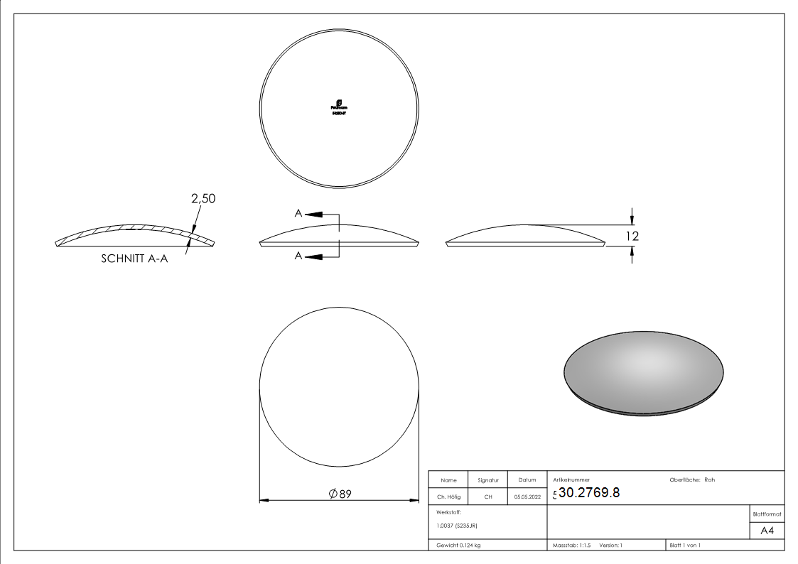 Kloepperboden Rohrabschluss Ø 89-0x2-5 mm Stahl roh Hoehe- 12 mm-30-2769.8
