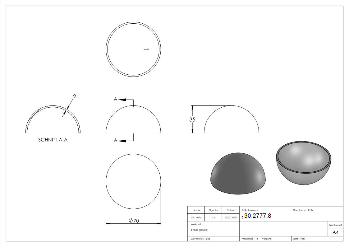 Halbhohlkugel Ø 70 mm - glatt - Stahl S235JR- roh-30-2777.8
