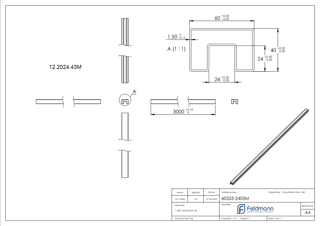 Rechteck-Nutrohr Ø 60 x 40 x 1-5 mm mit Nut 24x24 mm á 3 m-12-2024.43M