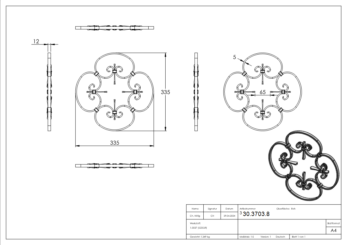 Zierelement - Masse- 340x340mm - Material- 12x5 mm - Stahl S235JR- roh-30-3703.8