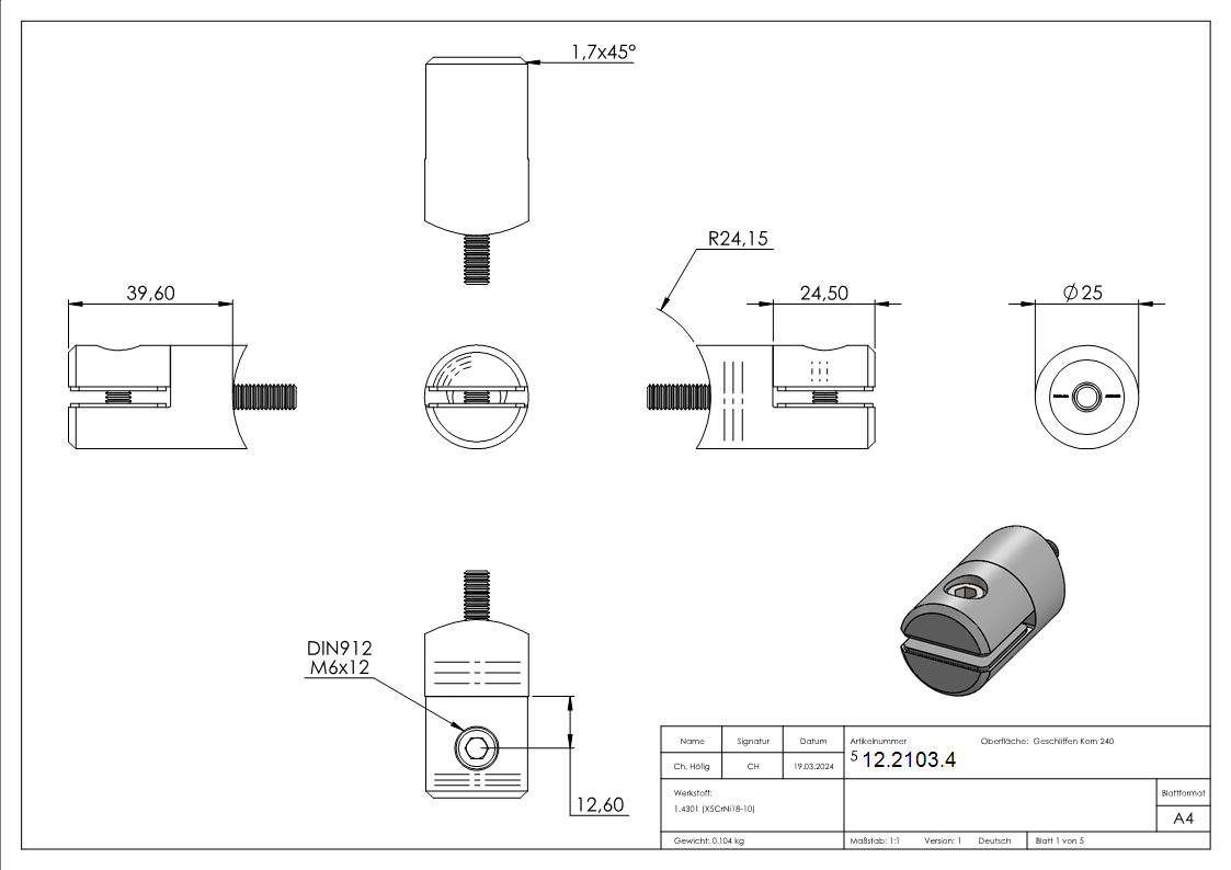 Blechhalter - Plattenhalter Ø 25 mm Edelstahl V2A – Anschluss 48-3 mm inkl- Schrauben - Gummieinlage-12-2103.4
