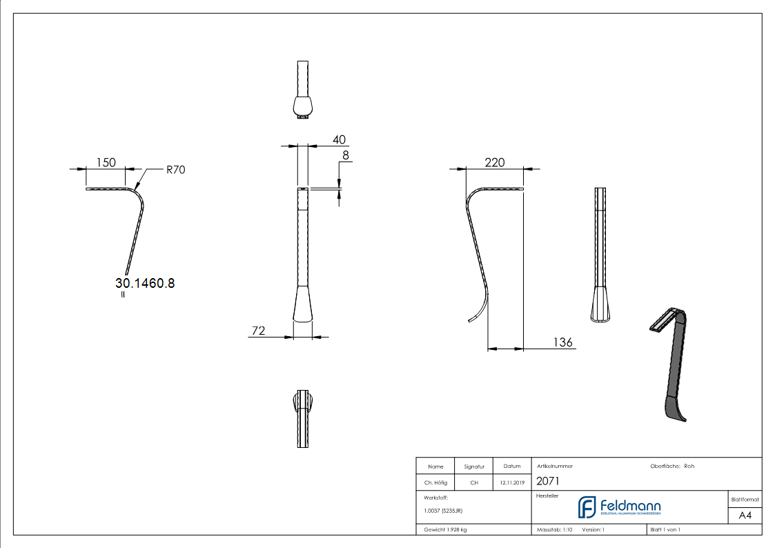 Handlauf-Endstueck 40x8 mm Kanten gehaemmert Stahl S235JR passt zu  30-1370-8-30-1460.8