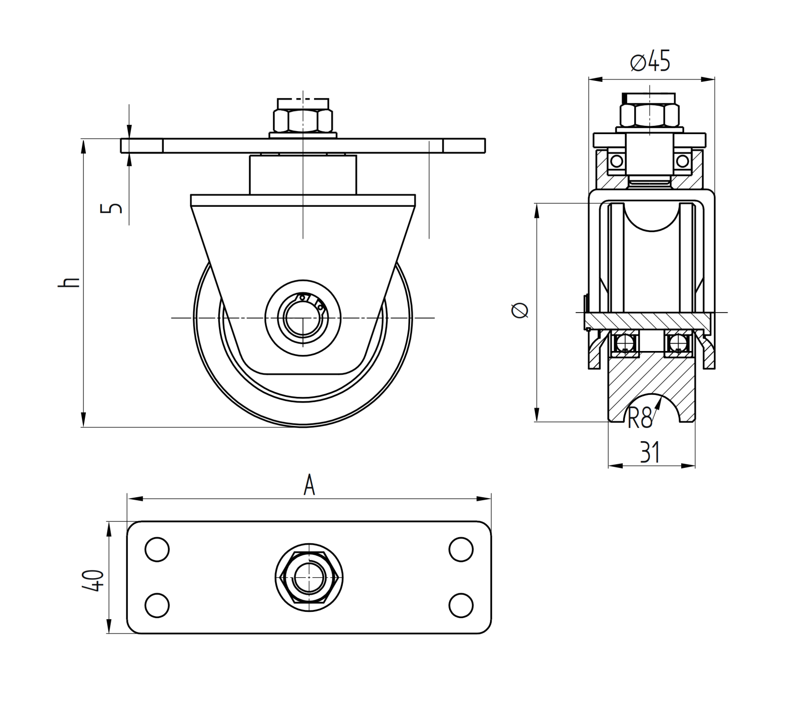 Lenkrolle Stahl verzinkt  78 mm mit U-Rille und Anschraubplatte-89-11H31U80PL-A.4