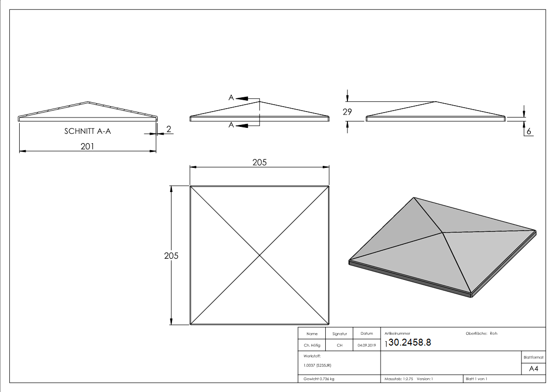 Pfeilerbedecker - fuer Quadratrohr - Masse- 200x200 mm - Stahl S235JR- roh-30-2458.8