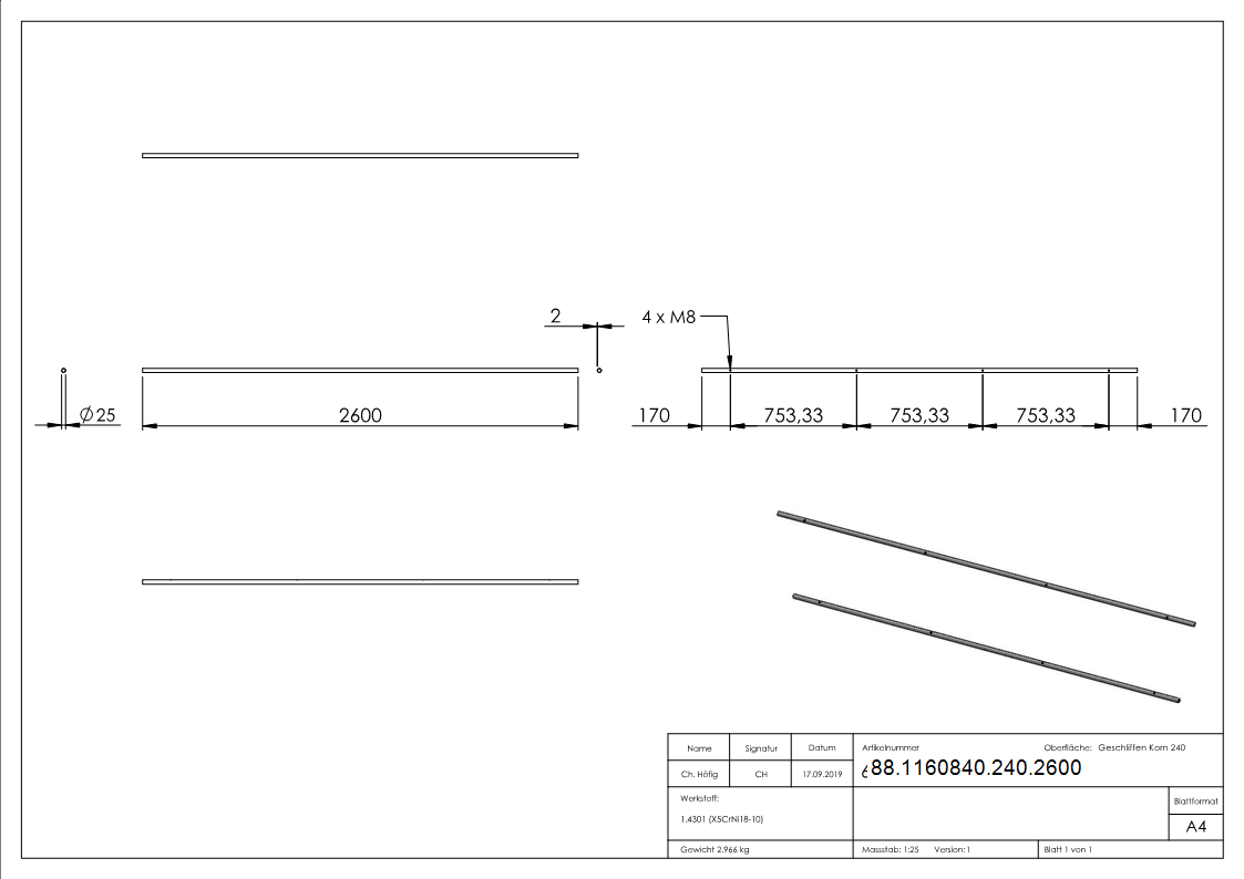 Laufschiene fuer Glasschiebetueren- Laenge 2600mm-88-1160840-240.2600